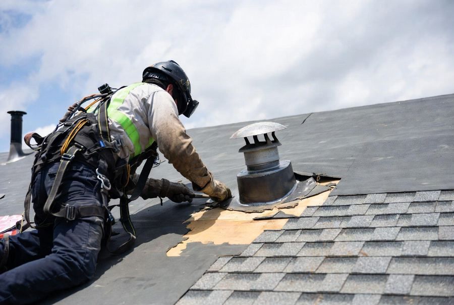 Roofer repairing flashing around a roof vent