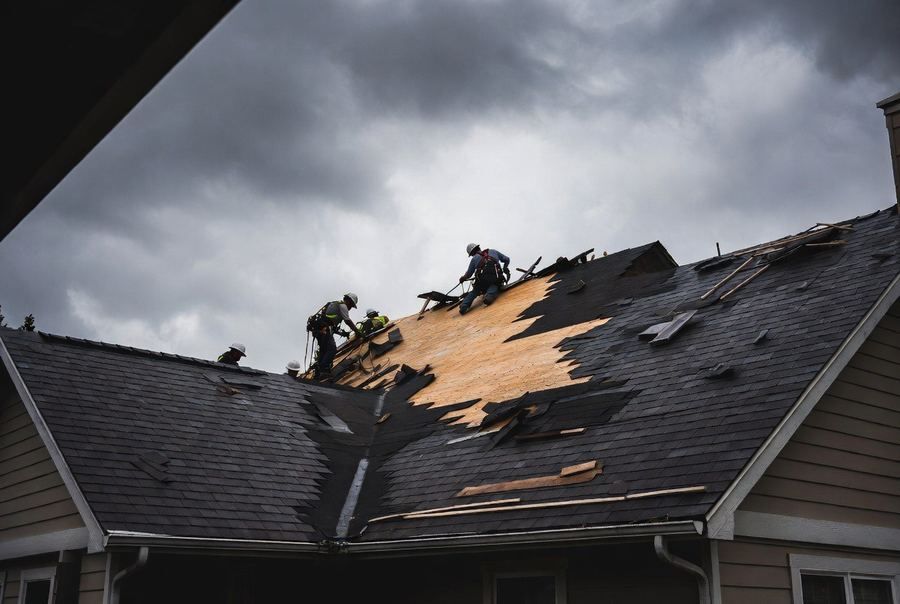 Roofing crew tearing off and replacing shingles in Roseburg, OR